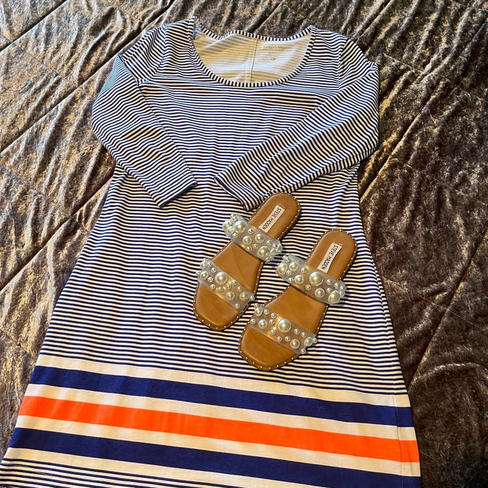 Lilly Pulitzer Navy and White Striped Dress with Orange Detail